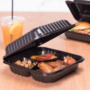 [250 ct] 8" x 8" 3-Compartment Hinged Food Containers | Black | PP