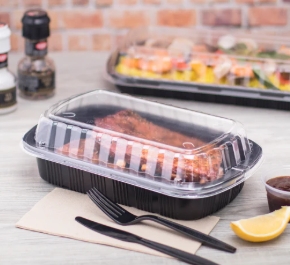 [100 ct] Half Slab Black PP Plastic Rib Container with Clear OPS/PP lid